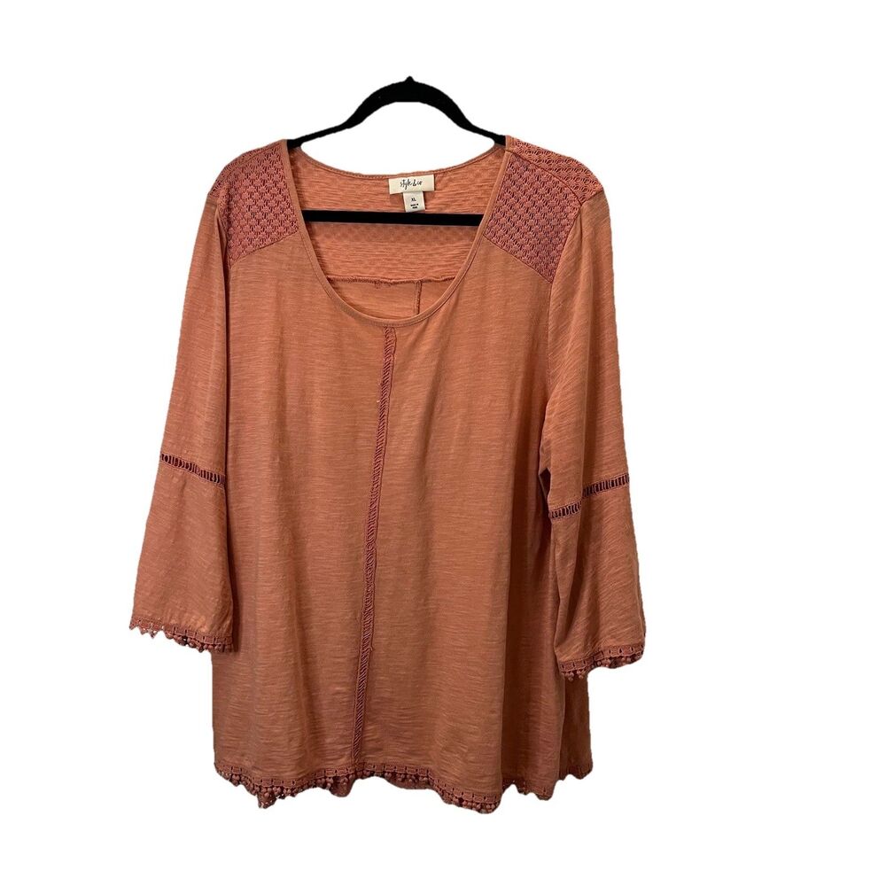 Style & Co Light Peach Orange Crochet Lace Trim Flare Sleeve Top Size XL Boho
